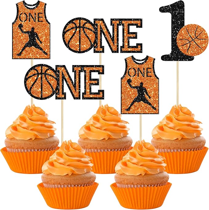 24Pcs Basketball One Cupcake Toppers Glitter Number 1 First Birthday Basketball Cupcake Picks for Sports Theme Baby Shower Kids 1st Birthday Party Cake Decorations Supplies
