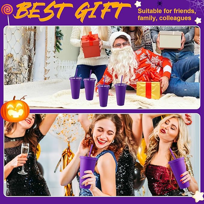 Honeydak 60 Pack Tumbler with Straw and Lid Bulk Cups for Gifts Glitter Plastic Coffee Cups 24-27 oz Reusable Water Bottle Iced Coffee Travel Mug Party Favors for Birthdays Travel (Purple)