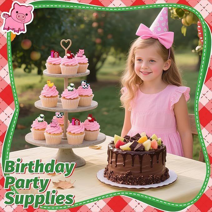 24 PCS Farm Animal Cupcake Toppers Rubber Cupcake Ring Horse Cow Farmhouse Chicken Pig Sheep Cake Toppers for Birthday Baby Shower Barnyard Tractor Theme Party Supplies Decorations