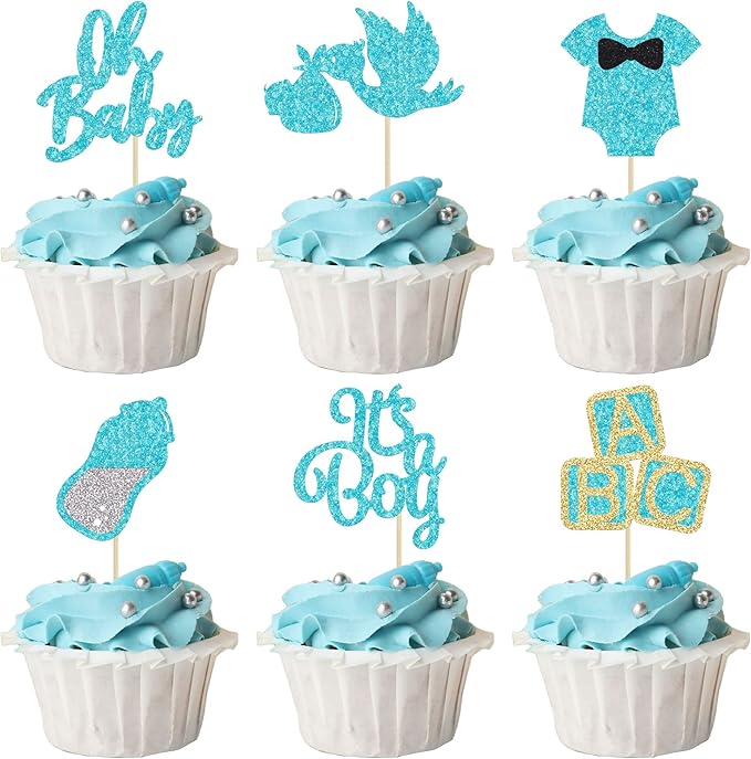 24Pcs Oh Baby Cupcake Toppers Blue Glitter It's a Boy Cupake Toppers with Swan Onesie Bottle Baby Shower Gender Reveal Cupcake Picks Decorations for Kids Boys Birthday Party Cake Decorations Supplies