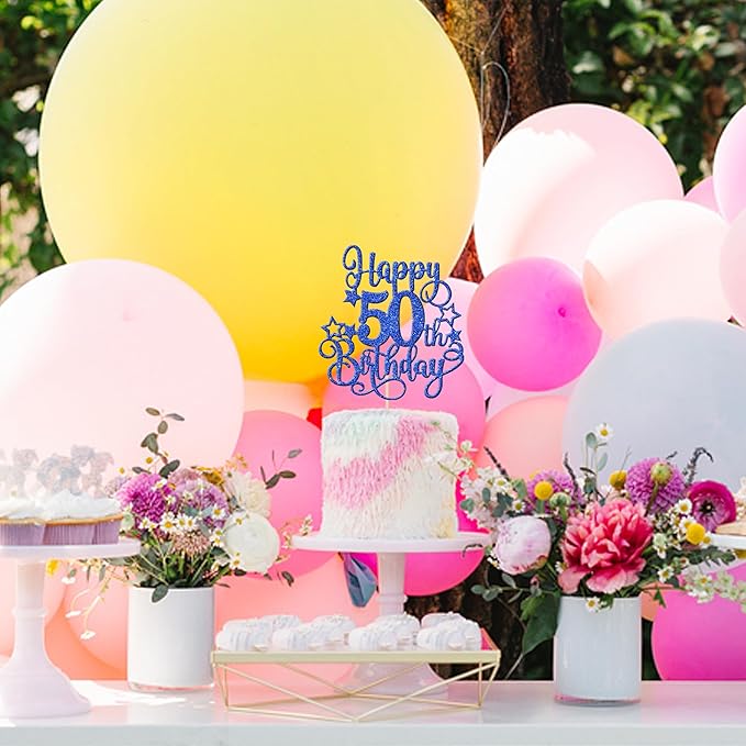 1 PCS Happy 50th Birthday Cake Topper Glitter Cheers to 50 Years Birthday Cake Pick Hello 50 Fabulous Cake Decoration for Happy 50th Birthday Anniversary Party Decorations Supplies Blue