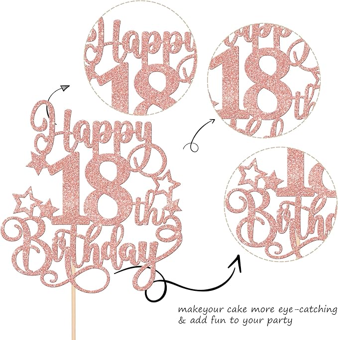 1 PCS Happy 18th Birthday Cake Topper Glitter Cheers to 18 Years Birthday Cake Pick Hello 18 Fabulous Cake Decoration for Happy 18th Birthday Anniversary Party Decorations Supplies Rose Gold