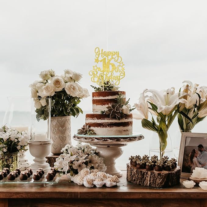 1 PCS Happy 16th Birthday Cake Topper Glitter Cheers to 16 Years Birthday Cake Pick Hello 16 Fabulous Cake Decoration for Happy 16th Birthday Anniversary Party Decorations Supplies Gold