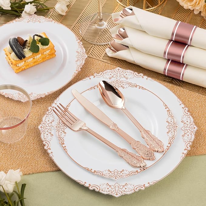 100 Pack Rose Gold Plastic Silverware with Pre Rolled Napkins for 100 Guests, Heavyweight Rose Gold Disposable Utensils Sets Includes 300 Plastic Cutlery, 100 Napkins for Party & Wedding