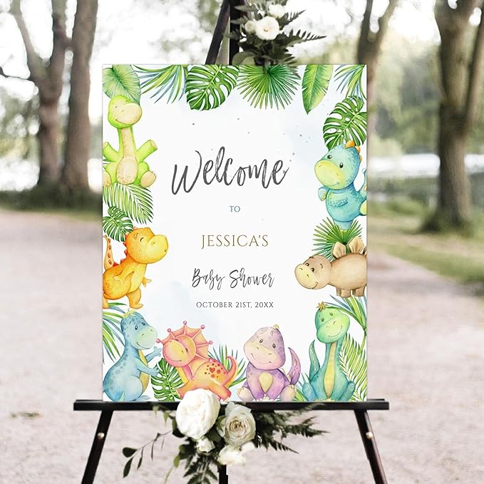 Greenery Dinosaur Baby Shower Sign, Baby Shower Welcome Sign, Welcome to Baby Shower Sign Personalized, Welcome Sign for Baby Shower, Baby Shower Welcome Sign with Stand, Custom Baby Shower Sign