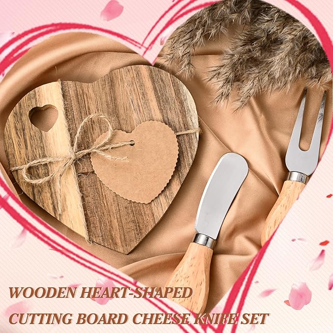 6 Set Heart Shaped Charcuterie Board Wood Mini Charcuterie Board With Cheese Knives Fork Set Bridal Shower Favors for Guest Bridal Baby Shower Prize Wedding Birthday Valentines Day