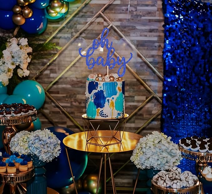 Oh Baby Cake Topper - Glitter Roval Blue Baby Shower Cake Decoration Supplies, for Baby Shower/Gender Reveal Party/Baby Birthday Party Photo Booth Props