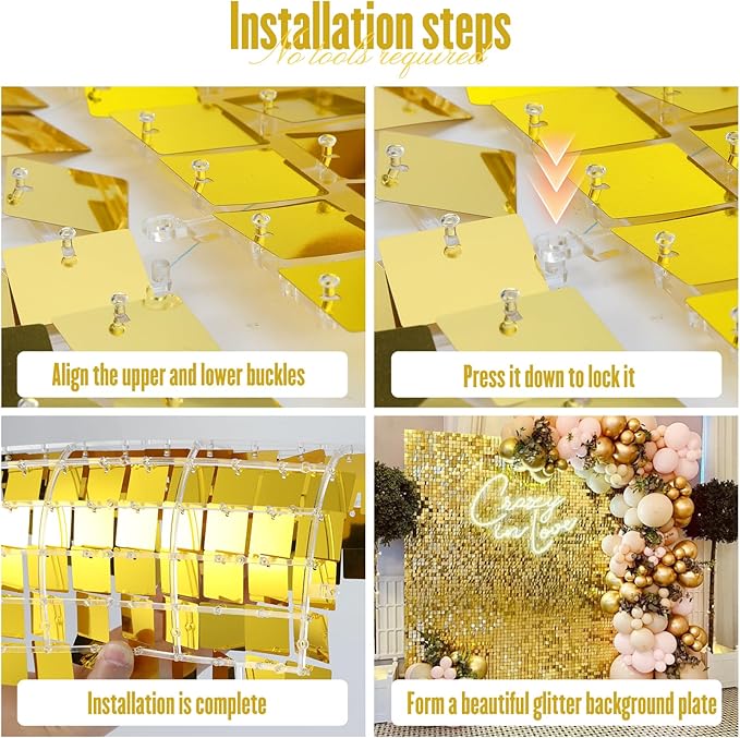 Shimmer Wall Sequin Backdrop, 48pcs Square Shimmer Wall Sequin Backdrop, DIY Party Shiny Decor for Wedding, Birthday, Anniversary, Graduation, Holiday&Home Background Supplies (Gold)