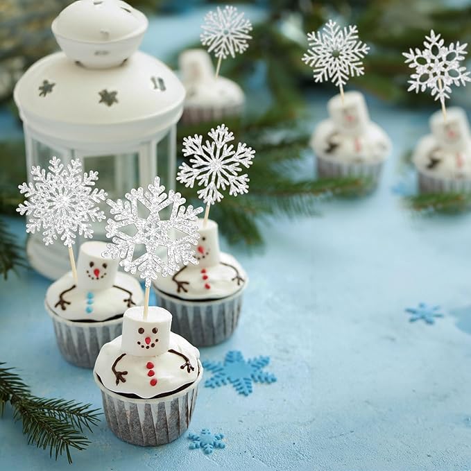 36Pcs Snowflake Cupcake Toppers Frozen Cupcake Picks Winter Frozen Theme Party Christmas Baby Shower Wedding Decoration Supplies Winter Wonderland Theme Cupcake Topper Sliver
