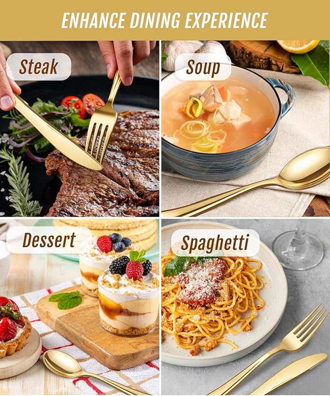 bUCLA 600 Pieces Gold Plastic Silverware - Disposable Gold Utensils - Heavyweight Plastic Cutlery set- 200 Forks, 200 Spoons, 200 Knives for Party & Thanksgiving