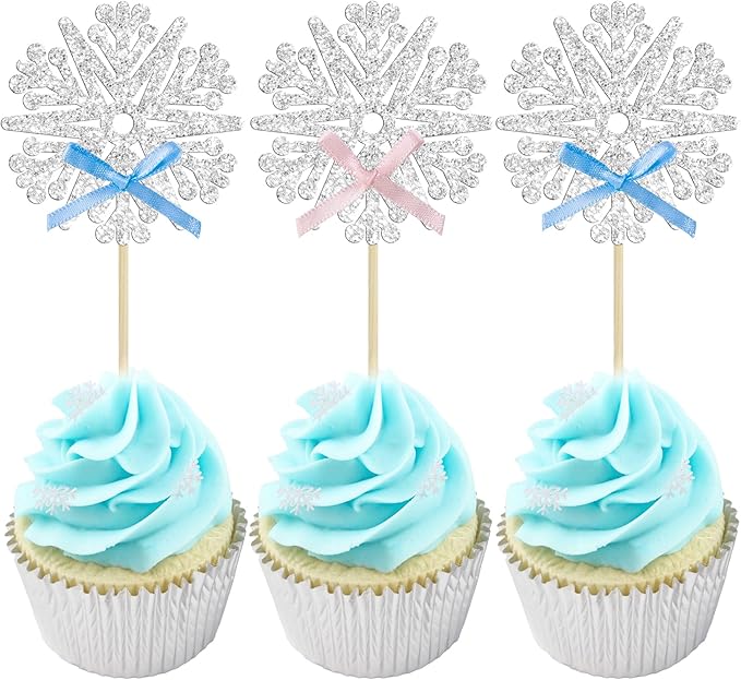 24Pcs Snowflake Cupcake Toppers Glitter Snowflake Cupcake Picks Frozen Pink Blue Bow Snowflake Gender Reveal Cake Decors Baby Shower Gender Reveal Winter Theme Christmas Party Cake Decor Supplies