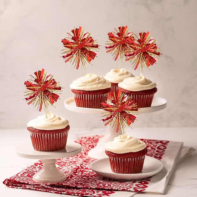 Gyufise 30Pcs Foil Firework Cupcake Toppers Sparkle Tinsel Cake Toppers Tinsel Drink Cake Decoration Cocktail Picks for Birthday Wedding Graduation Party Supplies Gold Red