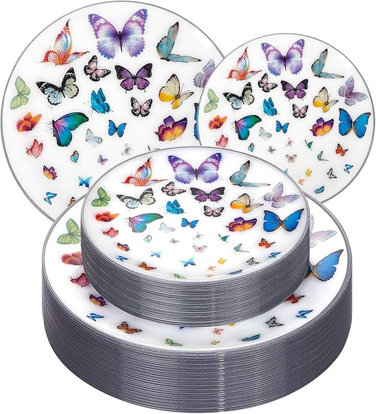 LIYH 60 Pcs Butterfly Plates Disposable Heavy Duty Fancy White Plastic Plates for Party Plate for Garden Party Birthday Wedding Butterfly Decor Include 30 10.25" Dinner & 30 7.5" Dessert Plate