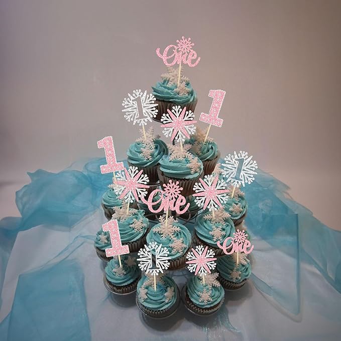 24Pcs Snowflake One Cupcake Toppers Pink Glitter Winter Snowflake 1st Birthday Cupcake Picks First Birthday Cake Decorations for Winter Wonderland Kids 1st Birthday Party Supplies