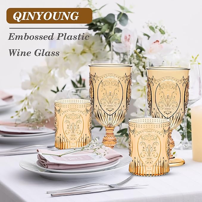 12 Plastic Vintage Drinking Glasses 8.5oz Stemless Retro Embossed Wine Glasses Shatterproof Reusable Cups for Baby Shower Wedding Reception Grand Event Party (Yellow)