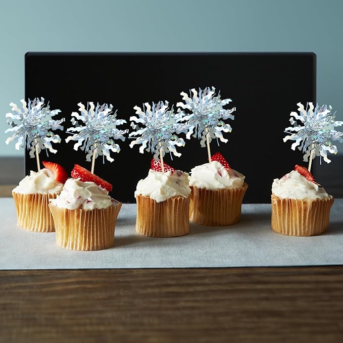 Gyufise 30Pcs Foil Firework Cupcake Toppers Sparkle Tinsel Cake Toppers Tinsel Drink Cake Decoration Cocktail Picks for Birthday Wedding Graduation Party Supplies Silver