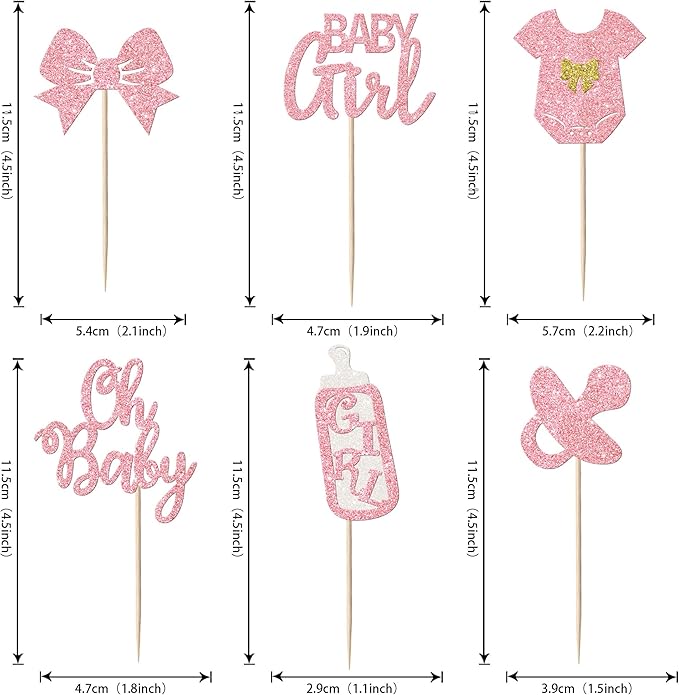 24 Pack It's a Girl Cupcake Toppers Glitter Pacifier Onesie Jumpsuit Bow Gender Reveal Cupcake Picks Welcome Baby Shower Cake Decorations for Baby Girl Birthday Theme Party Supplies Pink