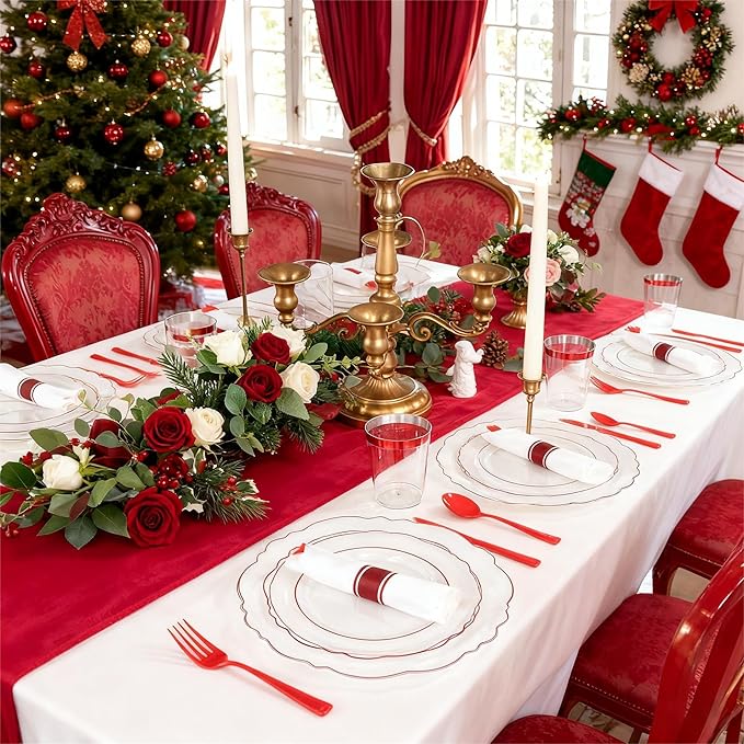 Liacere 400PCS Pre Rolled Red Silverware and Napkin - Disposable Red Plastic Utensils-Wrapped Plastic Cutlery Set with Napkin:100Forks,100Knives,100Spoons,100Napkins for Wedding＆Valentine＆Christmas