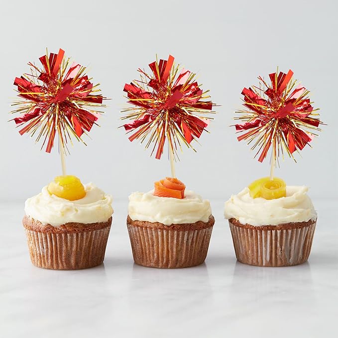 Gyufise 30Pcs Foil Firework Cupcake Toppers Sparkle Tinsel Cake Toppers Tinsel Drink Cake Decoration Cocktail Picks for Birthday Wedding Graduation Party Supplies Gold Red