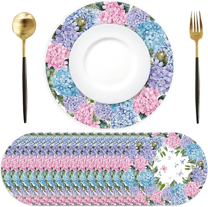 Paper Placemats Disposable 50 Pack Hydrangea Placemats 13.7 Inch Hydrangea Floral Place Mats Round Table Mats Spring Summer Table Mats for Birthday Wedding Party Supplies