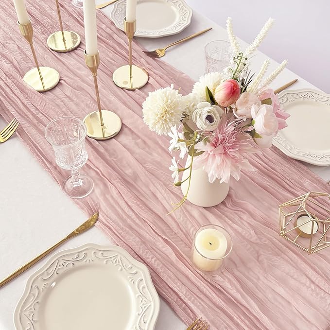 FEXIA Cheesecloth Table Runner Dusty Pink 35x120 Inches 4 Packs Gauze Table Runner Burnt for Wedding Decor Reception Bridal Shower Baby Shower Birthday Centerpiece Engagement