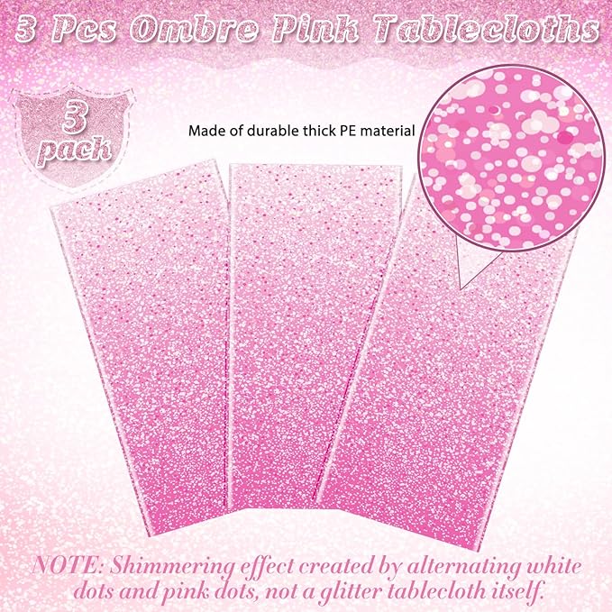 FunnyPars 3 Pack Ombre Pink Plastic Tablecloth for Parties,Gradient Pastel Pink Disposable Tablecloths Rectangle Tables,Light Pink Sprinkle Table Cover Wedding Birthday Anniversary Party,54x108Inch