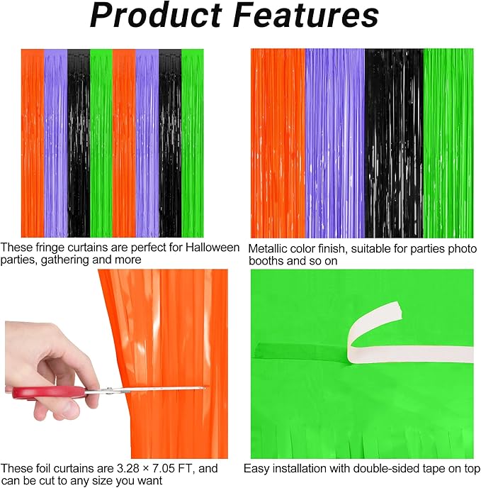 2 Pack Halloween Backdrop, 3.28 FT x 7.05 FT Orange Purple Black Green Party Streamer, Metallic Foil Curtains Tinsel Backdrop, Halloween Party Decorations Photo Props for Door Wall
