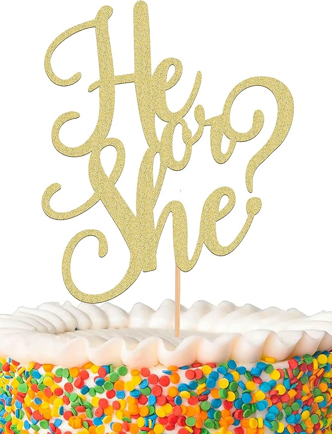 He or She Cake Topper - Glitter Gold Gender Reveal Cake Topper Decorations, Suitable for Baby Shower Favors, Baby Gender Reveal, Baby Birthday Party or Baby Photo Booth Props (Gold)
