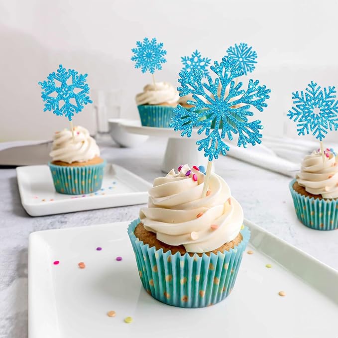 36Pcs Snowflake Cupcake Toppers Blue Glitter Snowflake Cake Toppers Frozen Cake Decorations for Baby Shower Winter Wonderland Christmas Party Cake Decoration Supplies