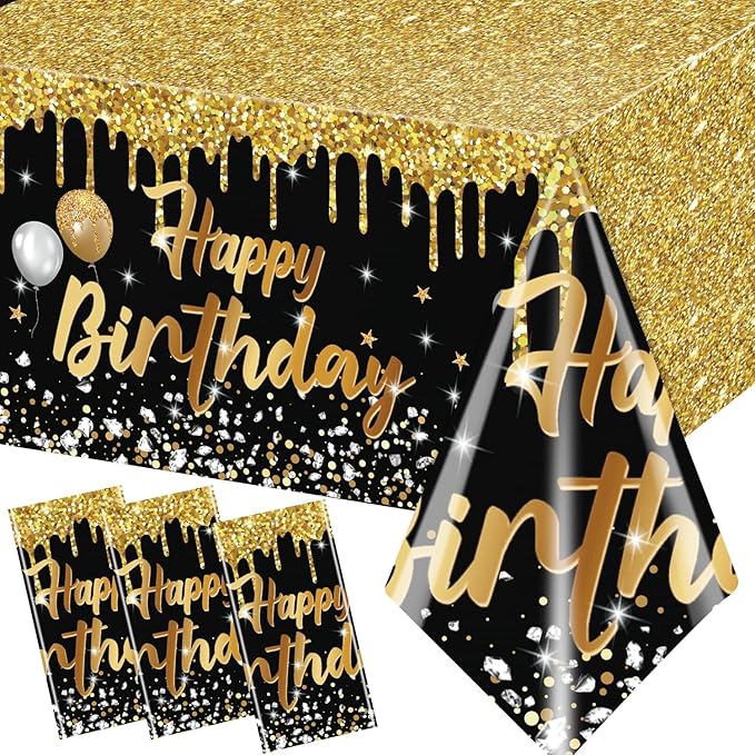 3 Pack Happy Birthday Tablecloths Black and Gold Tablecloth Plastic Table Cover Rectangular Birthday Table Cloth for Women Men Baby Shower Party Supplies