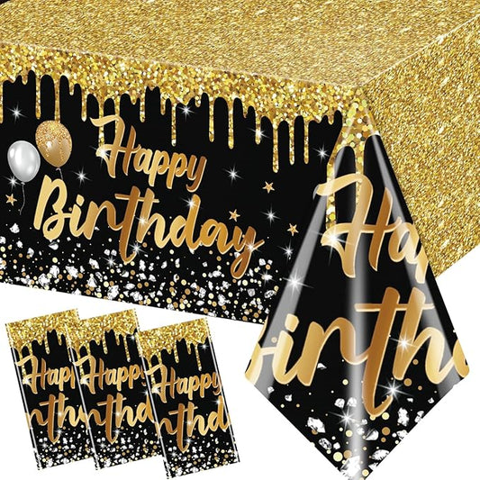3 Pack Happy Birthday Tablecloths Black and Gold Tablecloth Plastic Table Cover Rectangular Birthday Table Cloth for Women Men Baby Shower Party Supplies