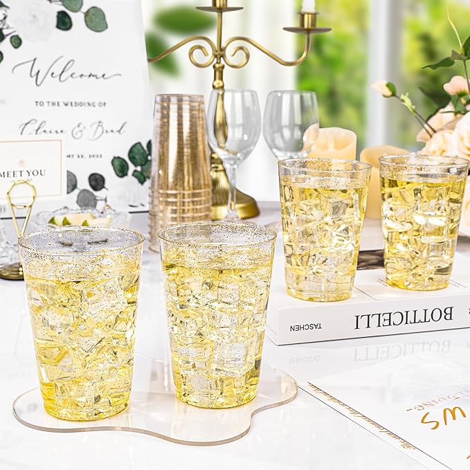 BESTVIP 12oz Gold Glitter Disposable Cups, 100 Pack Gold Plastic Cups, Heavy-duty Party Cocktail Glasses for Christmas, Plastic Cups for Party, Holiday, Wedding and Birthday