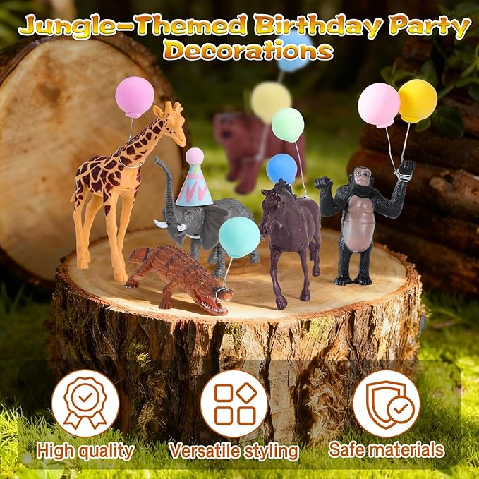 46 PCS Jungle Animal Birthday Party Decorations, Safari Animal Toys Figures Kit with 15 SafariAnimal Figurines, 15 Mini Hats & 15 Balloons, 1 Cake Toppers for Birthday Party Supplies