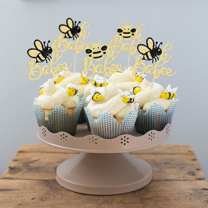 24Pcs Bumble Bee Cupcake Toppers Glitter Oh Babee Cupcake Picks Oh Baby Cupcake Pick Decorations for Bee Theme Baby Shower Kids Birthday Party Decorations Supplies