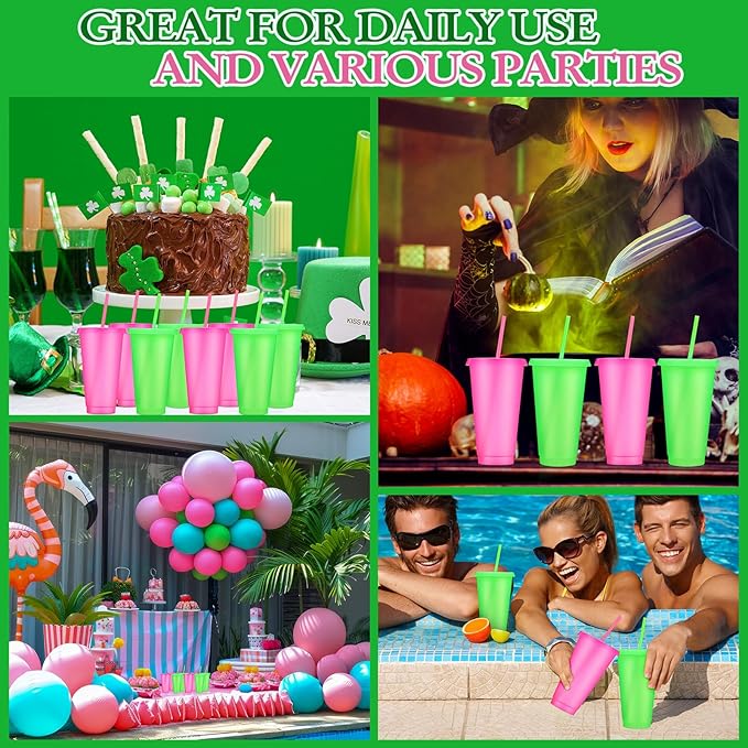 Honeydak 30 Pack Tumbler with Straw and Lid Bulk Cups for Gifts Glitter Plastic Coffee Cups 24-27 oz Reusable Water Bottle Iced Coffee Travel Mug Party Favors for Birthdays Travel (Pink and Green)