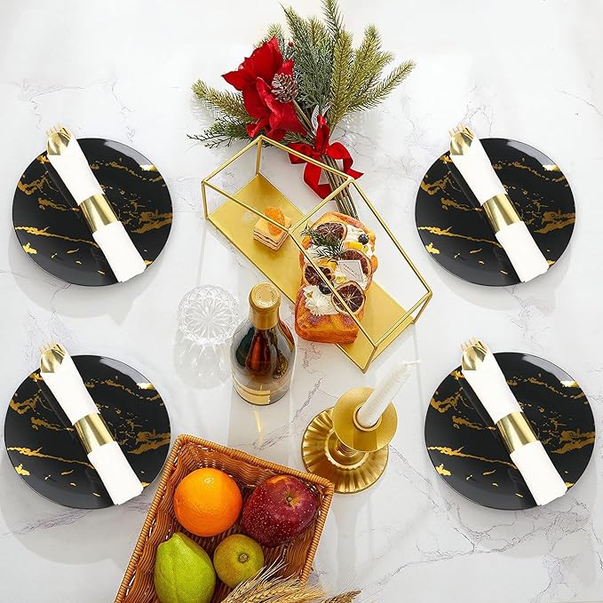 50 Pack Pre Rolled Gold Plastic Silverware Set,Wrapped Plastic Cutlery Set with Napkin Include 50 Forks,50 Spoons,50 Knives and 50 White Napkins for Party, Wedding,Christmas