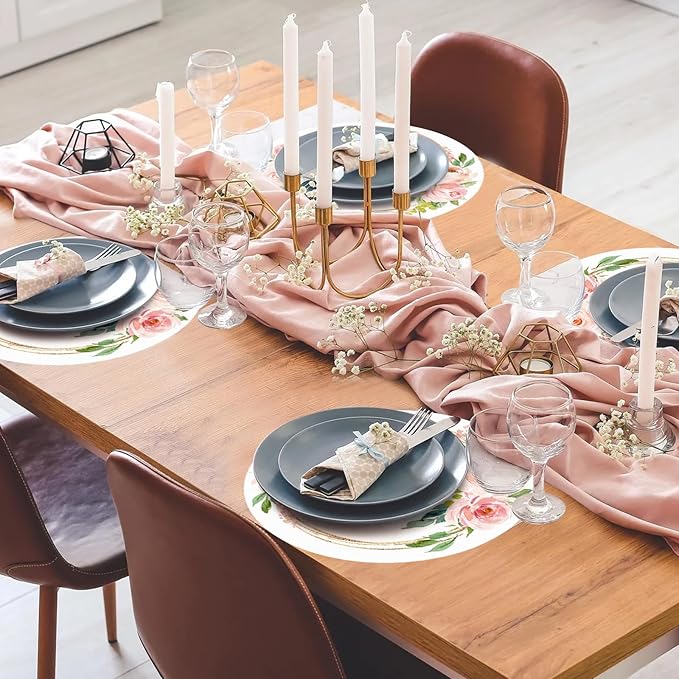 50 Pack Paper Placemats Disposable Pink Floral Wedding Disposable Placemats 13.7 Inch Rose Floral Round Place Mats Spring Summer Table Mats for Birthday Wedding Anniversary Bride Party Supplies