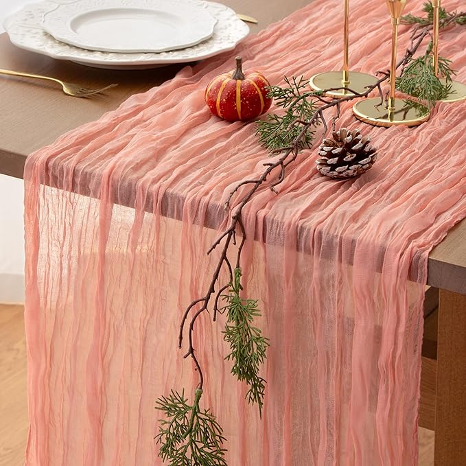 FEXIA Pink Cheesecloth Table Runner Spring Easter Table Runner 35x120 Inches for Mother's Day Bridal Shower Tea Party Spring Baby Shower Decor Table Centerpiece Decorations