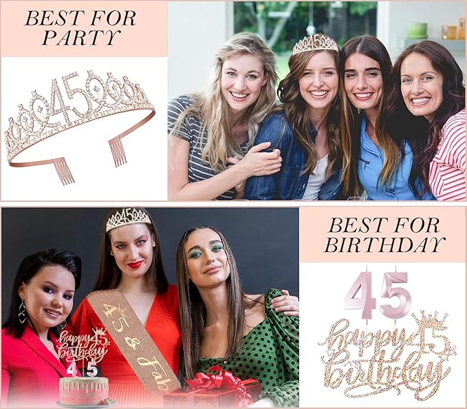 45th Birthday Gifts Decorations for Women, Including 45 year old Cake Topper, Birthday Queen Sash with Pearl Pin, Sweet Rhinestone Tiara Crown, Number Candles and Balloons Set, Rose Gold