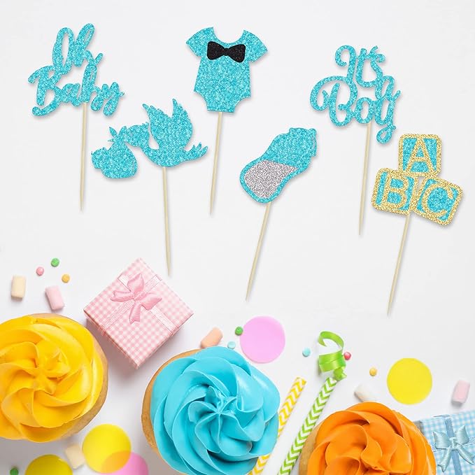 24Pcs Oh Baby Cupcake Toppers Blue Glitter It's a Boy Cupake Toppers with Swan Onesie Bottle Baby Shower Gender Reveal Cupcake Picks Decorations for Kids Boys Birthday Party Cake Decorations Supplies