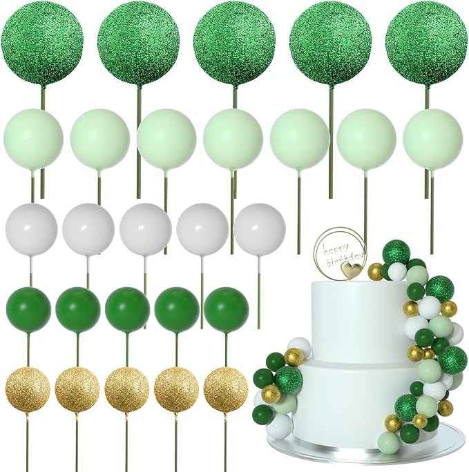 ASTARON 50 Pcs Ball Cake Topper Sticks Mini Balloons for St Patrick's Cake Decorating Supplies Foam Balls Cake decorations for Christmas Baby Shower Birthday Cake Decorations (Green Series)