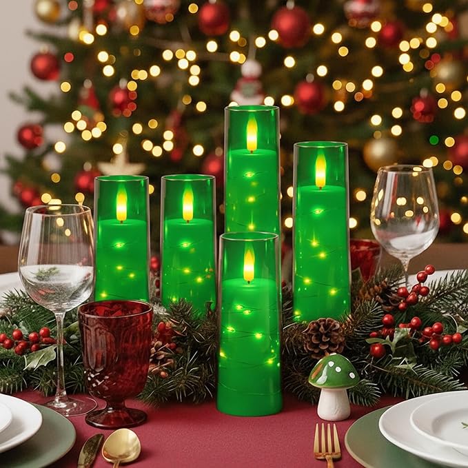 Raycare Flameless Candle with Remote Timer – 5 Flickering Acrylic Battery Operated LED Pillar Candles with Embedded Star String for Christmas, Home Decor, and as a Gift(Green)