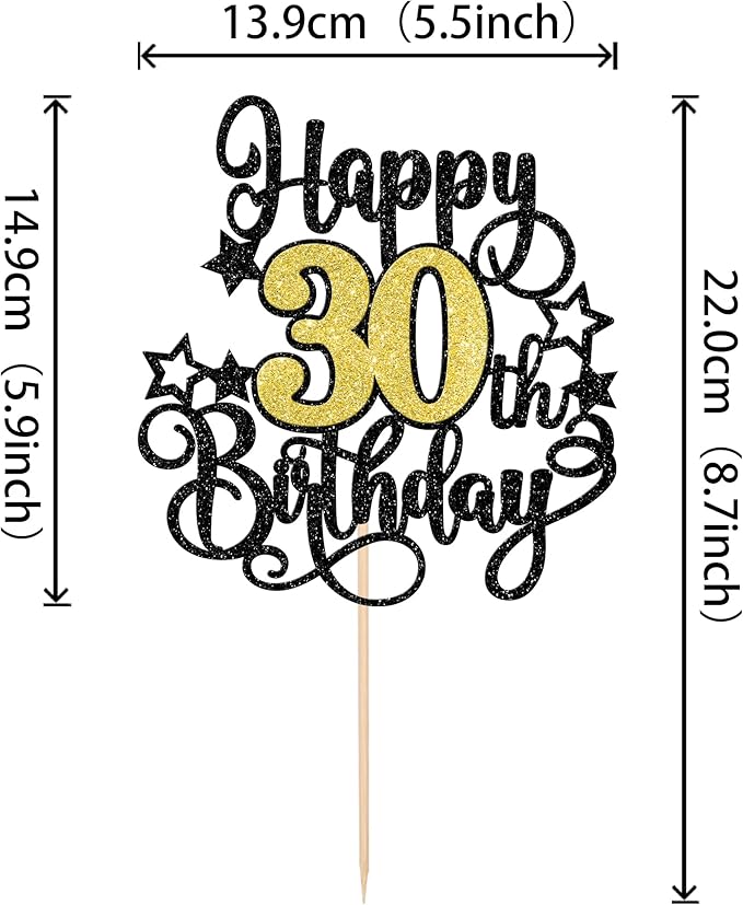 1 PCS Happy 30th Birthday Cake Topper Black Gold Glitter Cheers to 30 Years Birthday Cake Pick Hello 30 Fabulous Cake Decoration for Happy 30th Birthday Anniversary Party Decorations Supplies
