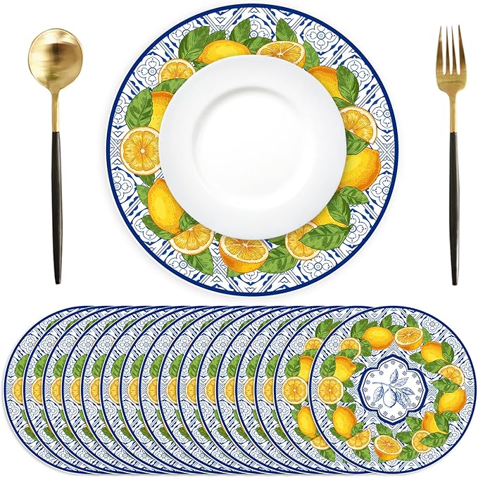 50 Pack Lemon Paper Placemats Disposable 50 Pack 13.7 Inch Cyan Blue Tiles Lemon Fruit Round Place Mats Summer Table Mats for Kitchen Dining Party Decoration