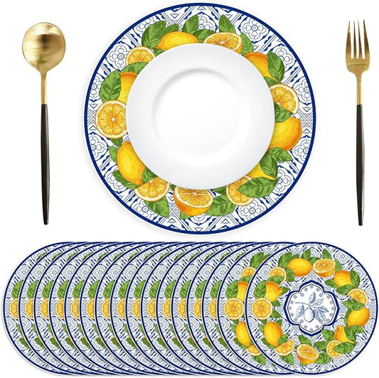 50 Pack Lemon Paper Placemats Disposable 50 Pack 13.7 Inch Cyan Blue Tiles Lemon Fruit Round Place Mats Summer Table Mats for Kitchen Dining Party Decoration