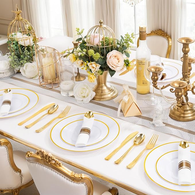 Liacere 100Pack Pre Rolled Gold Silverware and Napkin-Disposable Gold Plastic Utensils-Wrapped Plastic Cutlery Set with Napkin:100 Forks,100 Knives,100 Spoons,100 Napkins for Christmas＆New Year