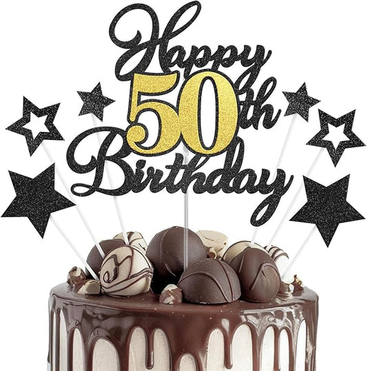 Happy 50th Birthday Cake Toppers, Black Gold Glitter Cake Decorations Set, 50th Birthday Decor for Men Women, Birthday Anniversary Party Decorations Supplies