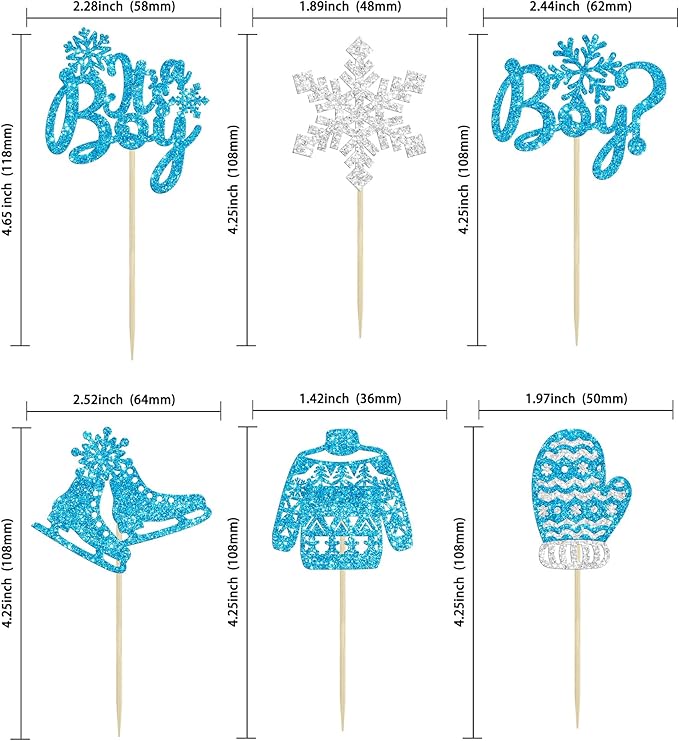 24Pcs Snowflake It's a Boy Cupcake Toppers Glitter Gloves Sweater Winter Frozen Cupcake Picks Wonderland Boys Birthday Baby Shower Cake Decorations Party Supplies Blue