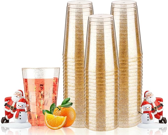 Goodluck 14 oz 50 PCS Gold Glitter Plastic Cups, Disposable Glitter Cups, Elegant Plastic Cocktail Glasses, Fancy Party Cups for Wedding, Birthday, Holiday