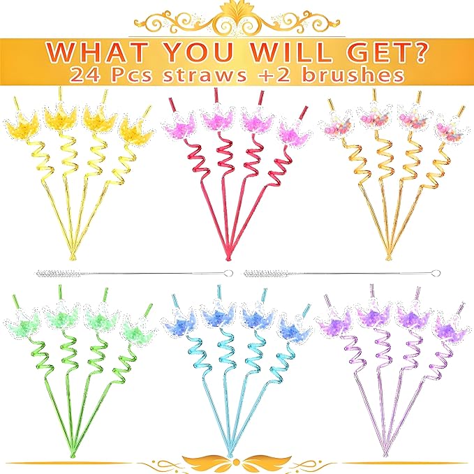 LEDUO 24Pcs Glitter Princess Party Favors-Reusable Crown Drinking Straws - Birthday Party Supplies-Boys Girls Party Decorations-Princess Theme Birthday Party Crazy Silly Straw with 2 Cleaning Brushes
